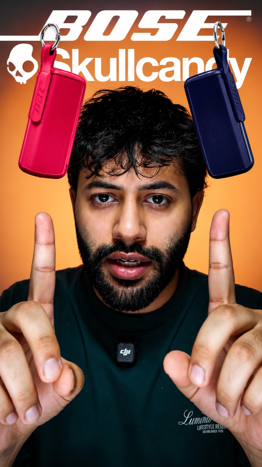 Bose vs Skullcandy comparison: Saqib pointing at both cases